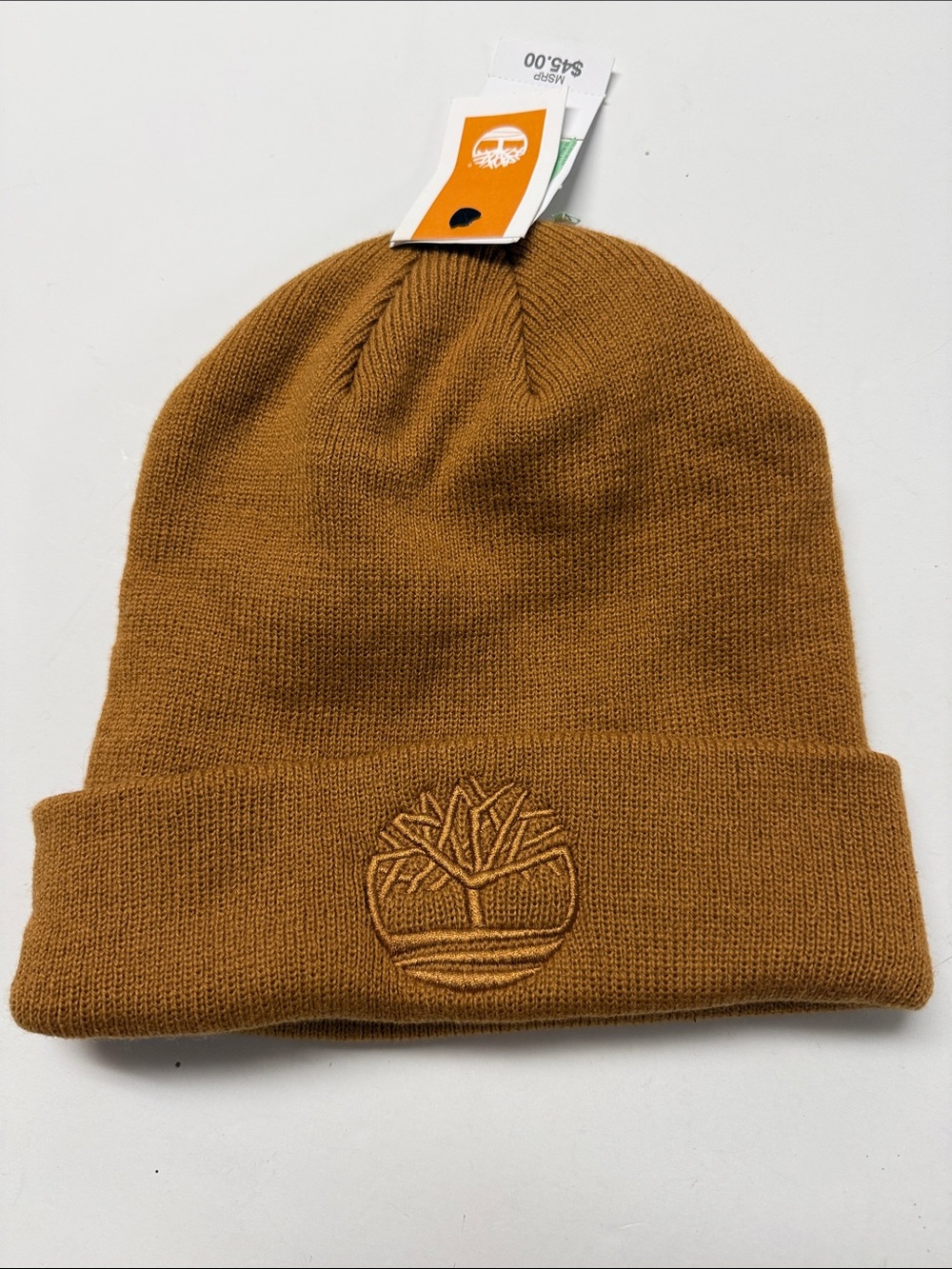 Timberland Tan Fold-Over Beanie with Embroidered Logo